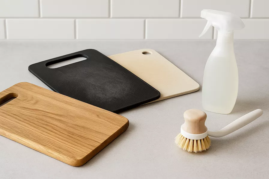 “Skärbrädor i trä, plast och komposit ligger på diskbänk med rengöringsmedel och borste – symboliserar noggrann rengöring och hygien i köket för olika material”